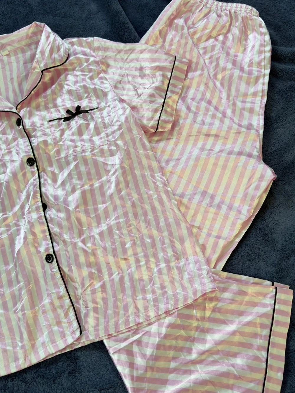 Girls' Pink and Cream Striped Short-Sleeve Pajama Set with Black Trim